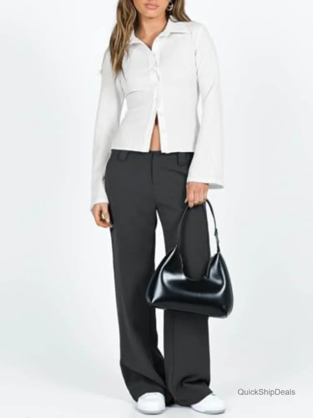 Striped Long Sleeve Button Down Shirt Slim Fit V-Neck Blouse - Picture 5 of 7